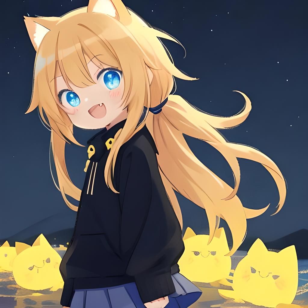 Chibi Catgirl with Blonde Ponytails on Beach