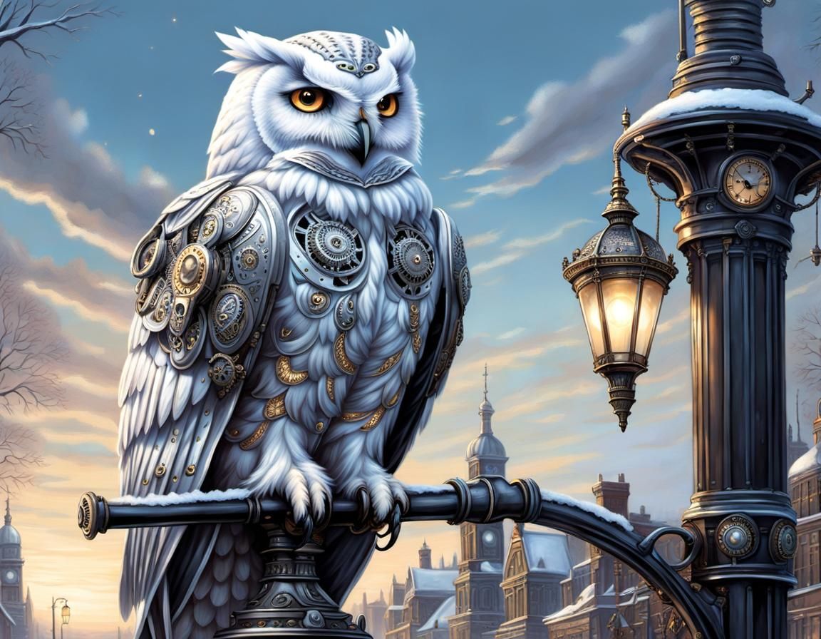 Steampunk Biomechanical Snowy Owl on Victorian Lamppost