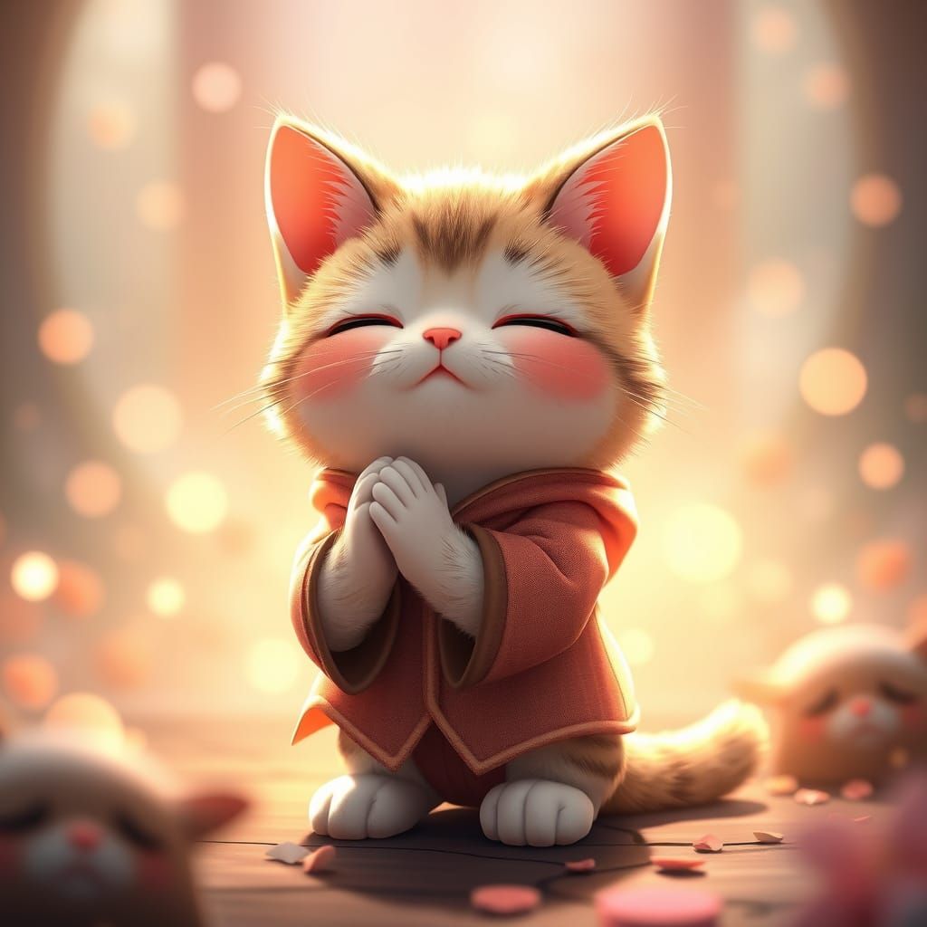 Anime Cat Praying in Fantastical Setting