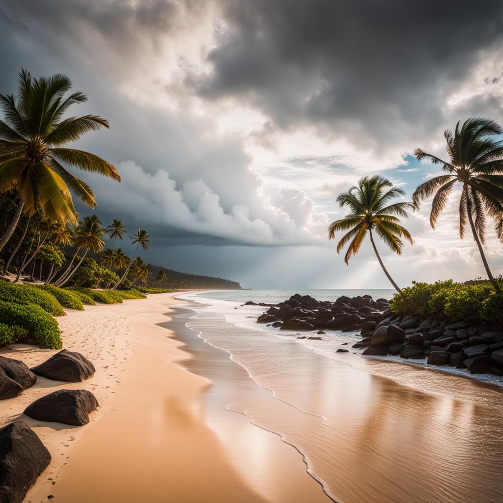Stormy Tropical Beach at Sunset: Cinematic View