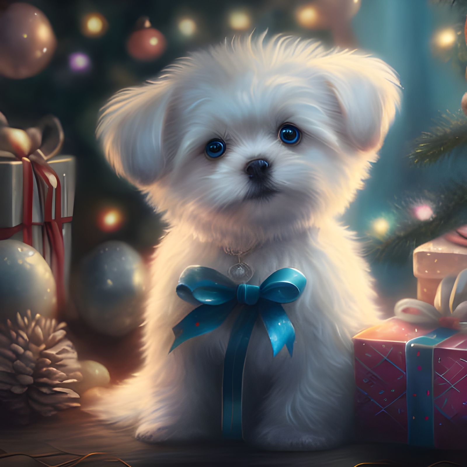 Adorable Puppy with Blue Bow at Christmas