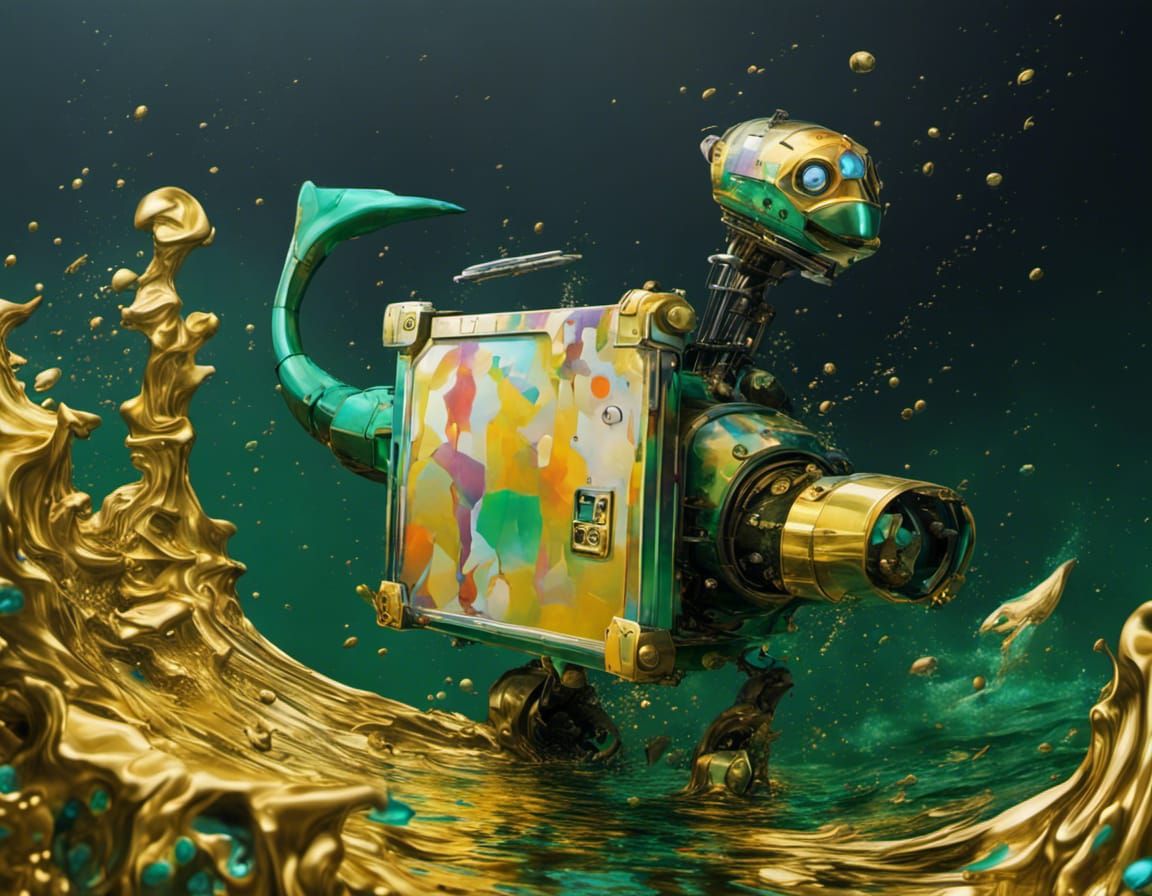 Robot Surfing on Piano Waves in Klimt Graffiti Style