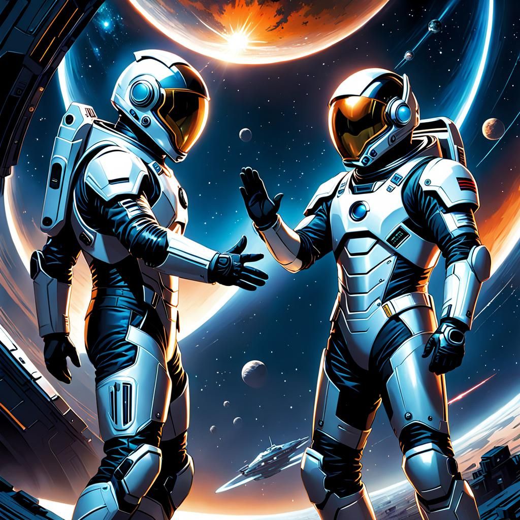 Futuristic Astronauts High-Five in Comic Book Art