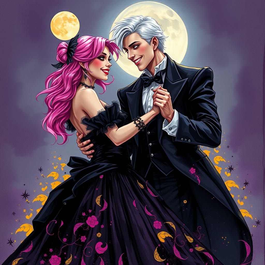 Gothic Romance Under the Moon in Ink Splatter Style