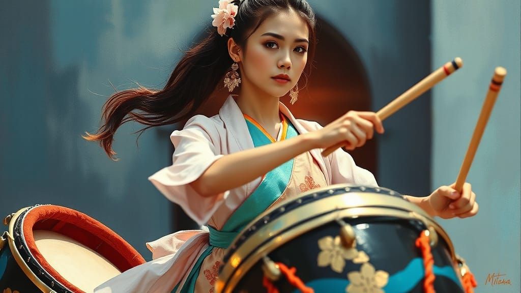 Impressionist Taiko Dancer in Vibrant Colors