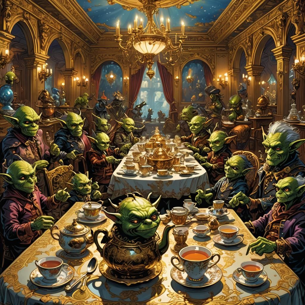 Goblin Tea Party in Ornate Ballroom, Comic Book Art