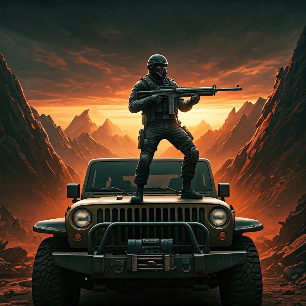 Warrior in Tactical Gear, Holding Grenade Launcher, in a Dys...