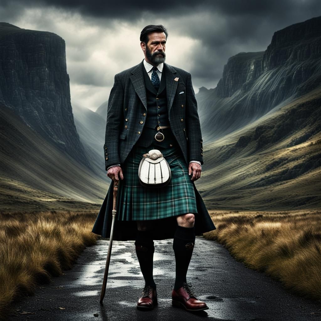 Man in Plaid Kilt: Hyperrealistic Digital Painting
