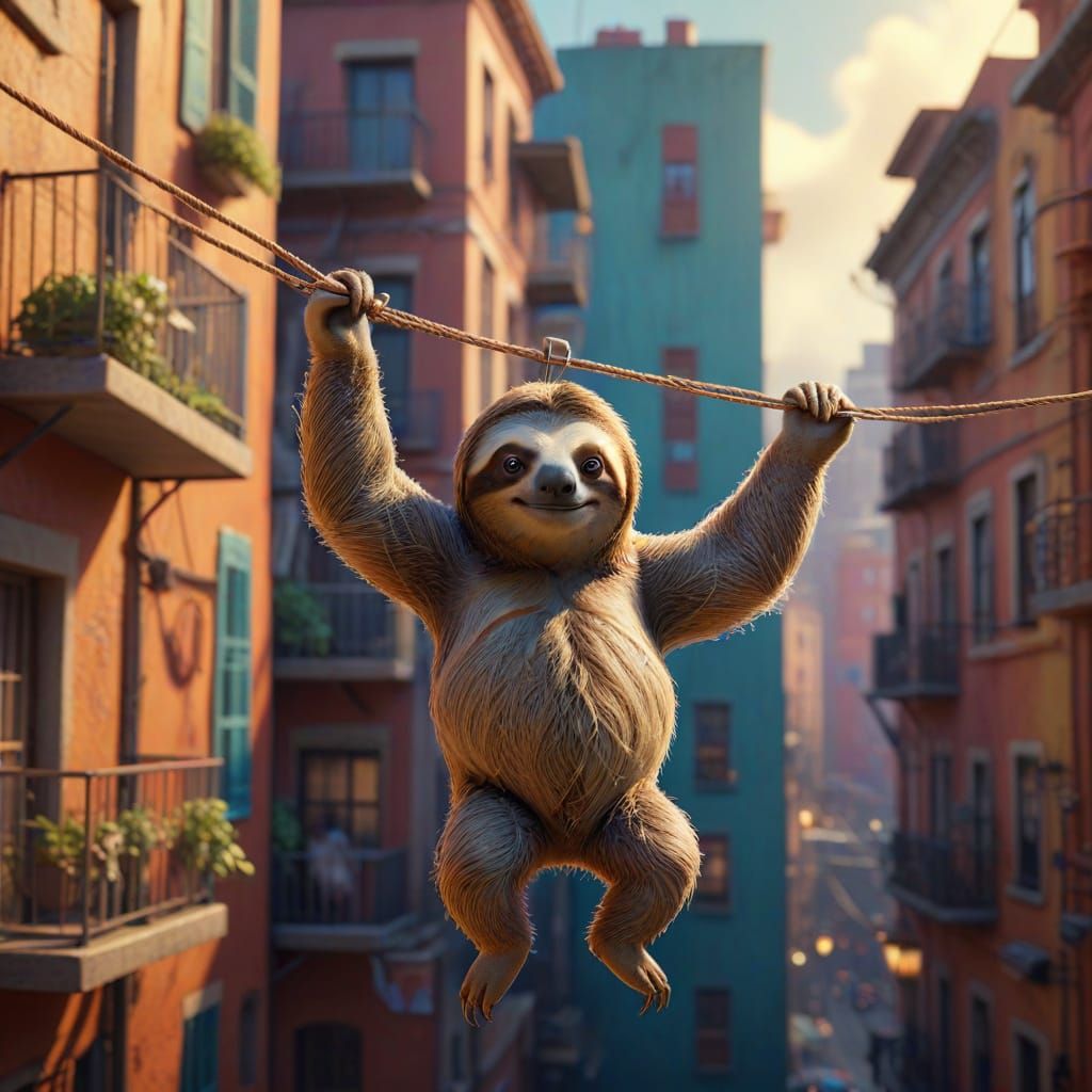 Adorable Sloth Balances on Clotheslines Between City Balconi...
