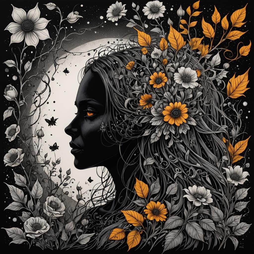 Gothic Death Comforted by Flowers and Leaves