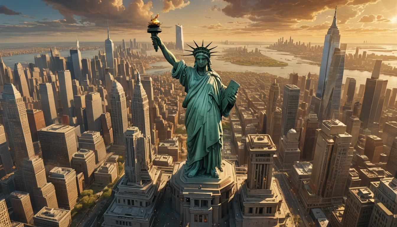 Statue of Liberty with Three Faces in Fantasy Cityscape