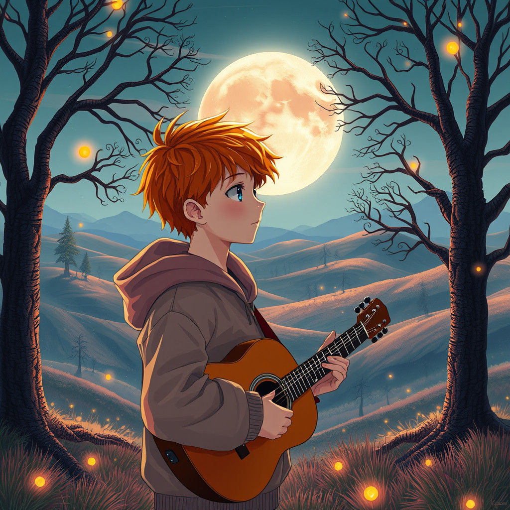 Anime Boy with Guitar Under Dreamy Moon