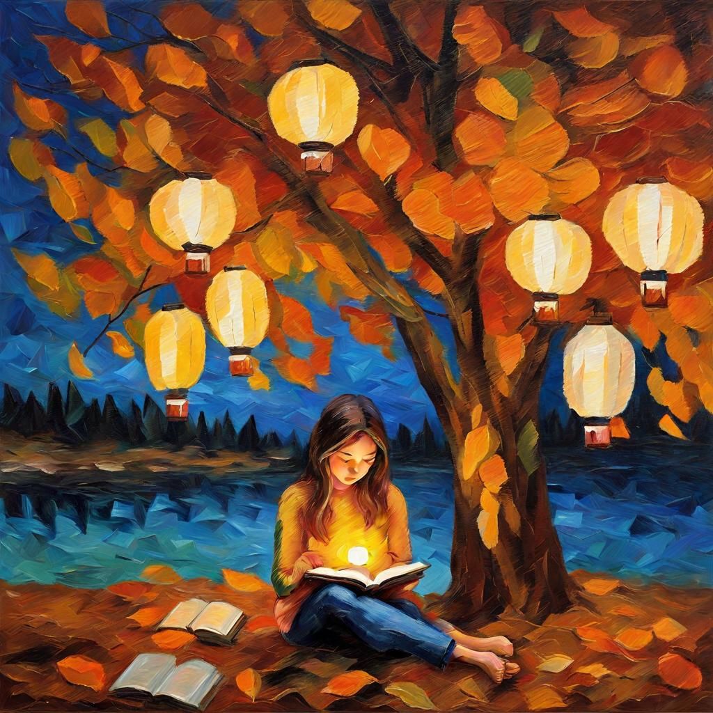 Girl Reading Under Lanterns: Expressionist Impasto Painting