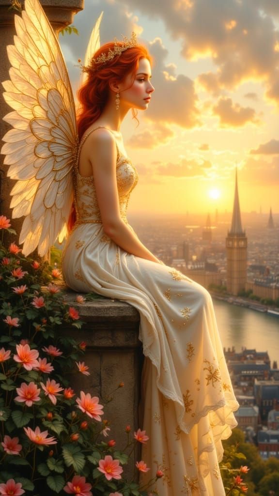 Angel with Red Hair Overlooking London at Sunset