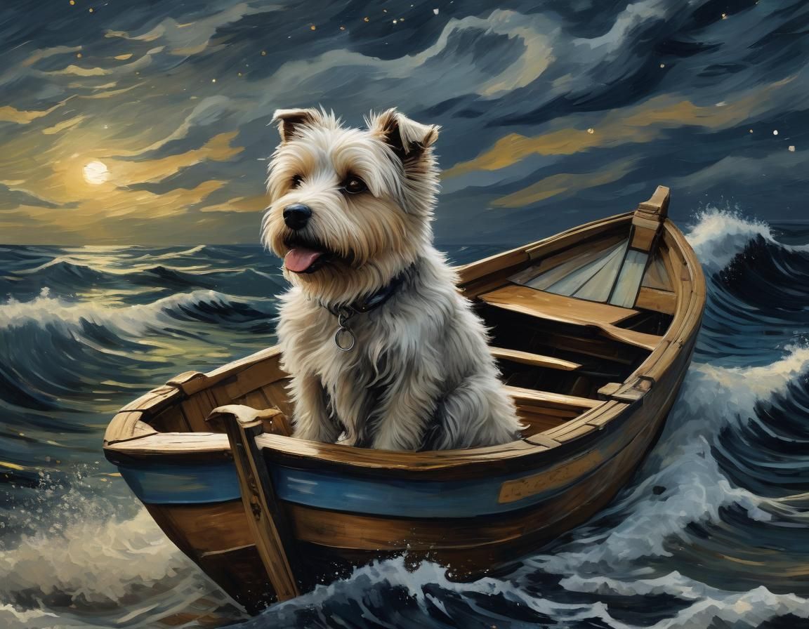 Dog on Stormy Sea in Impasto Gouache Style