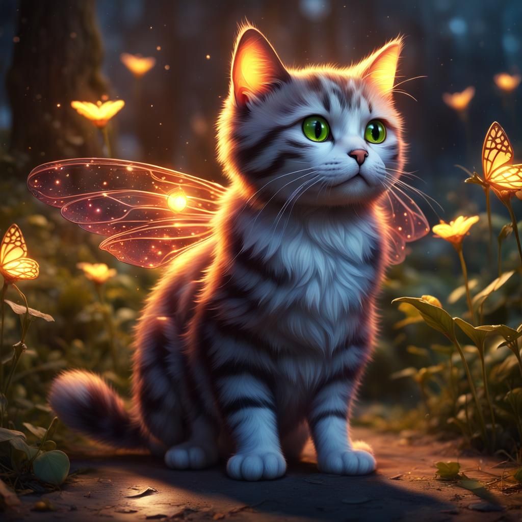 Cute Cat with Fairy Wings and Fireflies