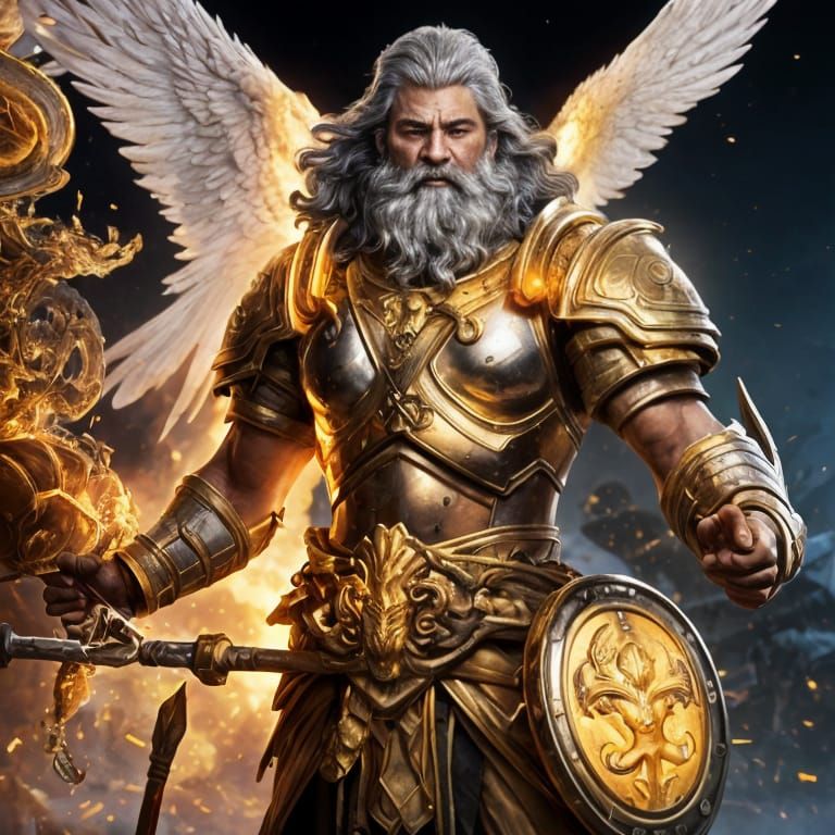 Golden Hephaestus, God of Fire, in Intricately Detailed Armo...