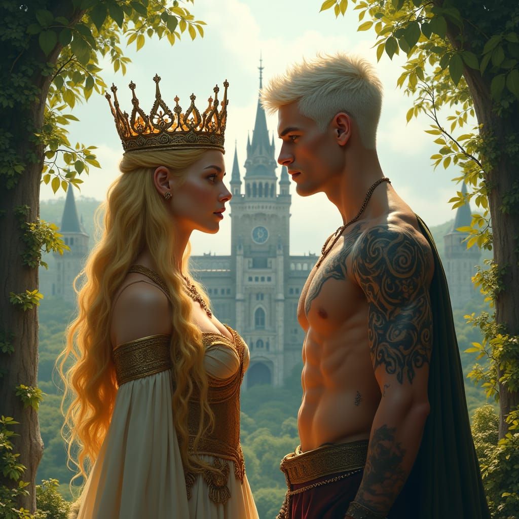Regal Queen and Chiseled Prince in Medieval Castle Setting