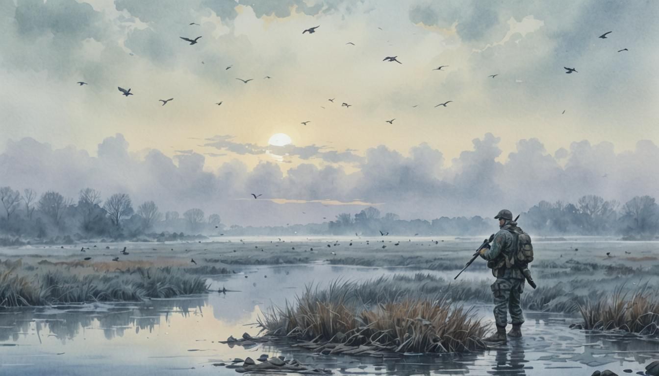Hunter in Foggy River: Watercolor Comic Art