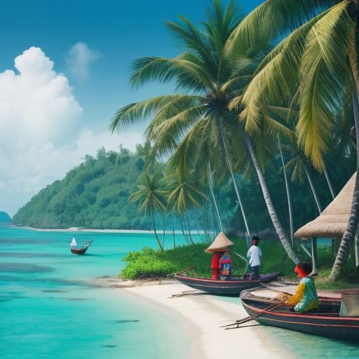 Dreamy Island Scene with Indonesian People