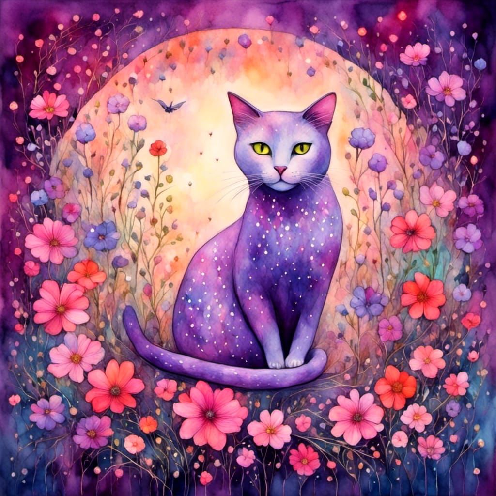 Cute Cat with Flowers in Liquid Ink Style