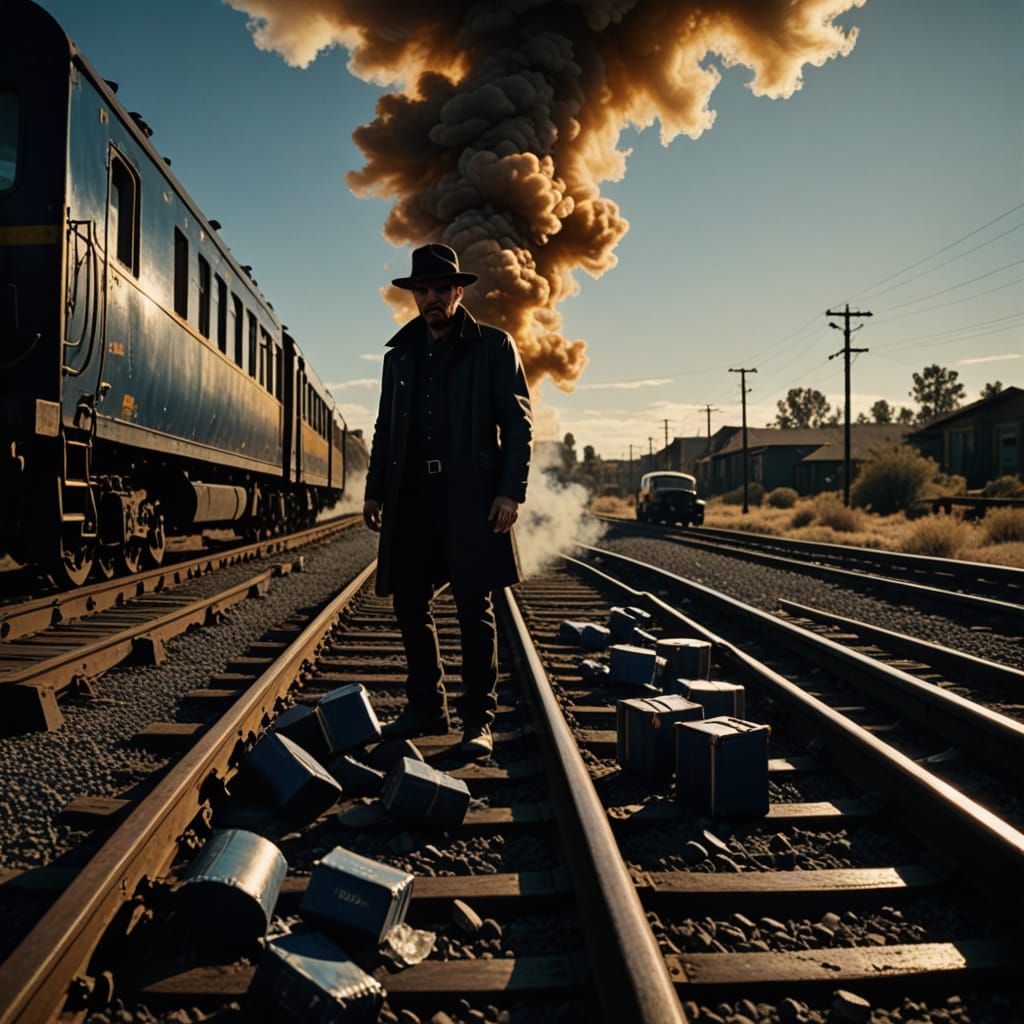 Gritty Train Crash Scene in Film Noir Style