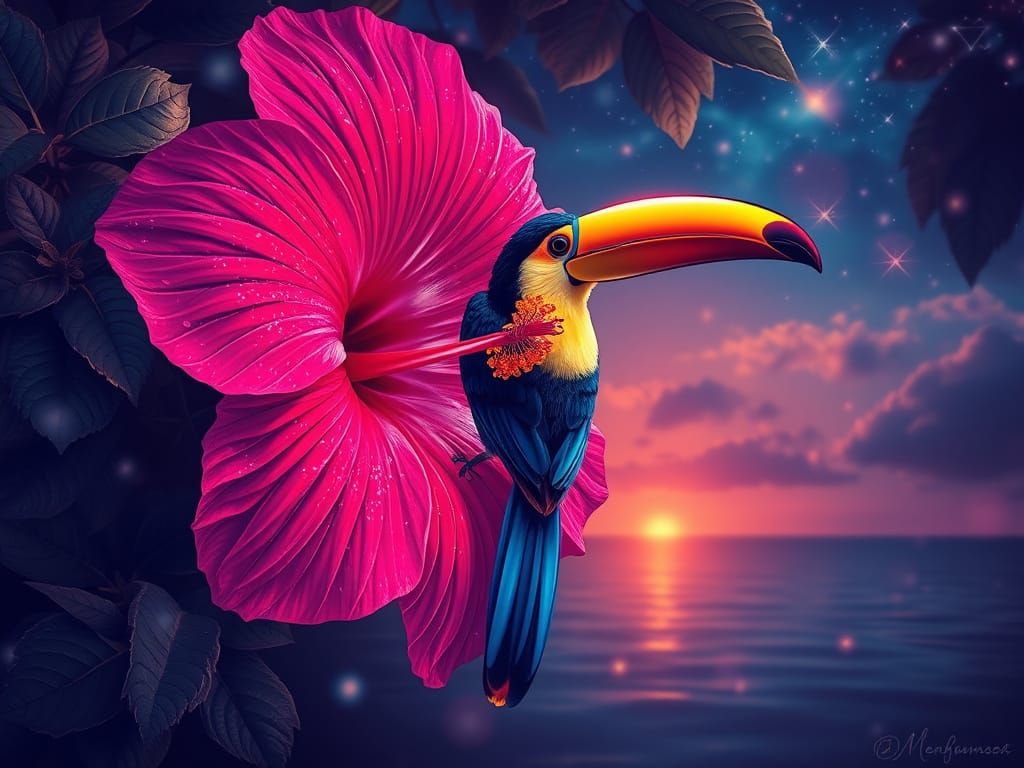 Serene Noctilucent Tropical Scene with Surfer and Toucan