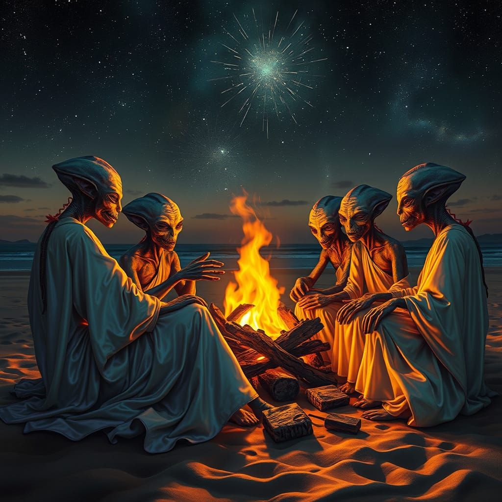 Aliens Gathered Around Bonfire in Psychedelic Caravaggio Sty...
