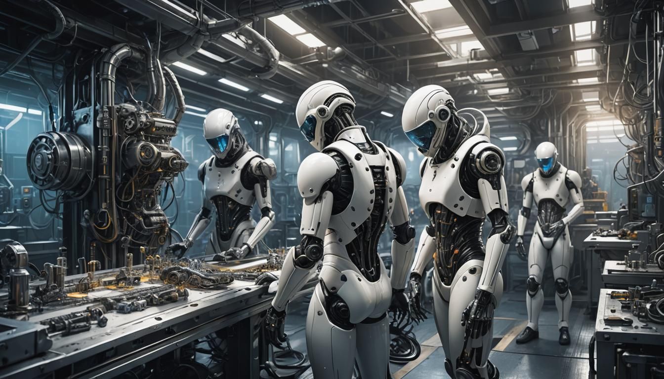 Dismantled Cyborgs on Production Line in Sci-Fi Plant