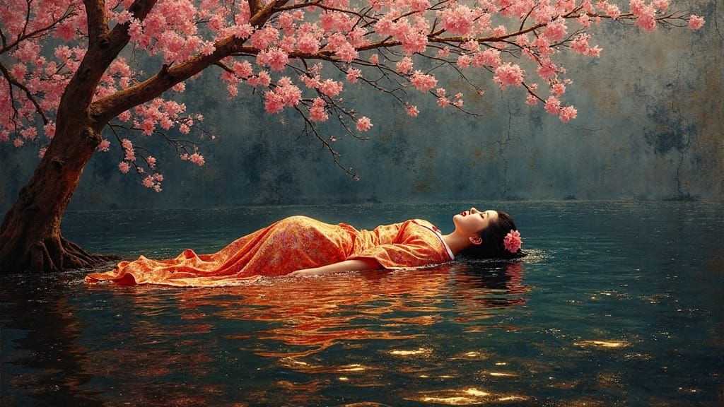 Geisha in Liquid Gold Under Cherry Blossoms