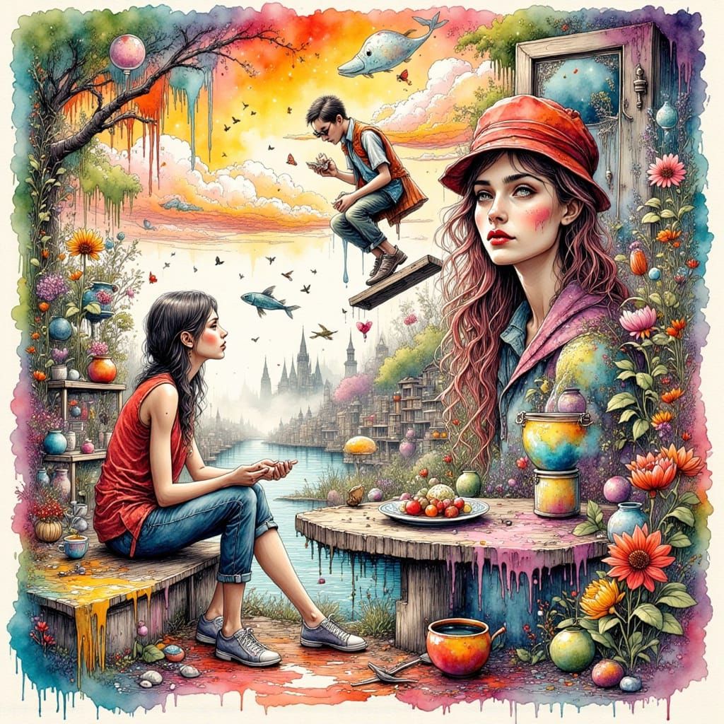 Surreal Woman Surrounded by Whimsical Chaos in Vibrant Ink D...
