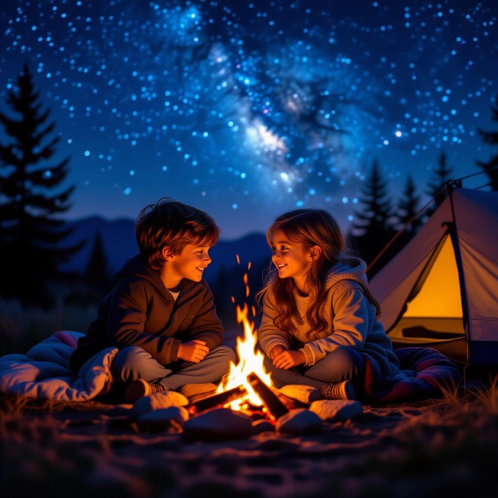 Children Sharing Secrets by Campfire Under Starry Sky