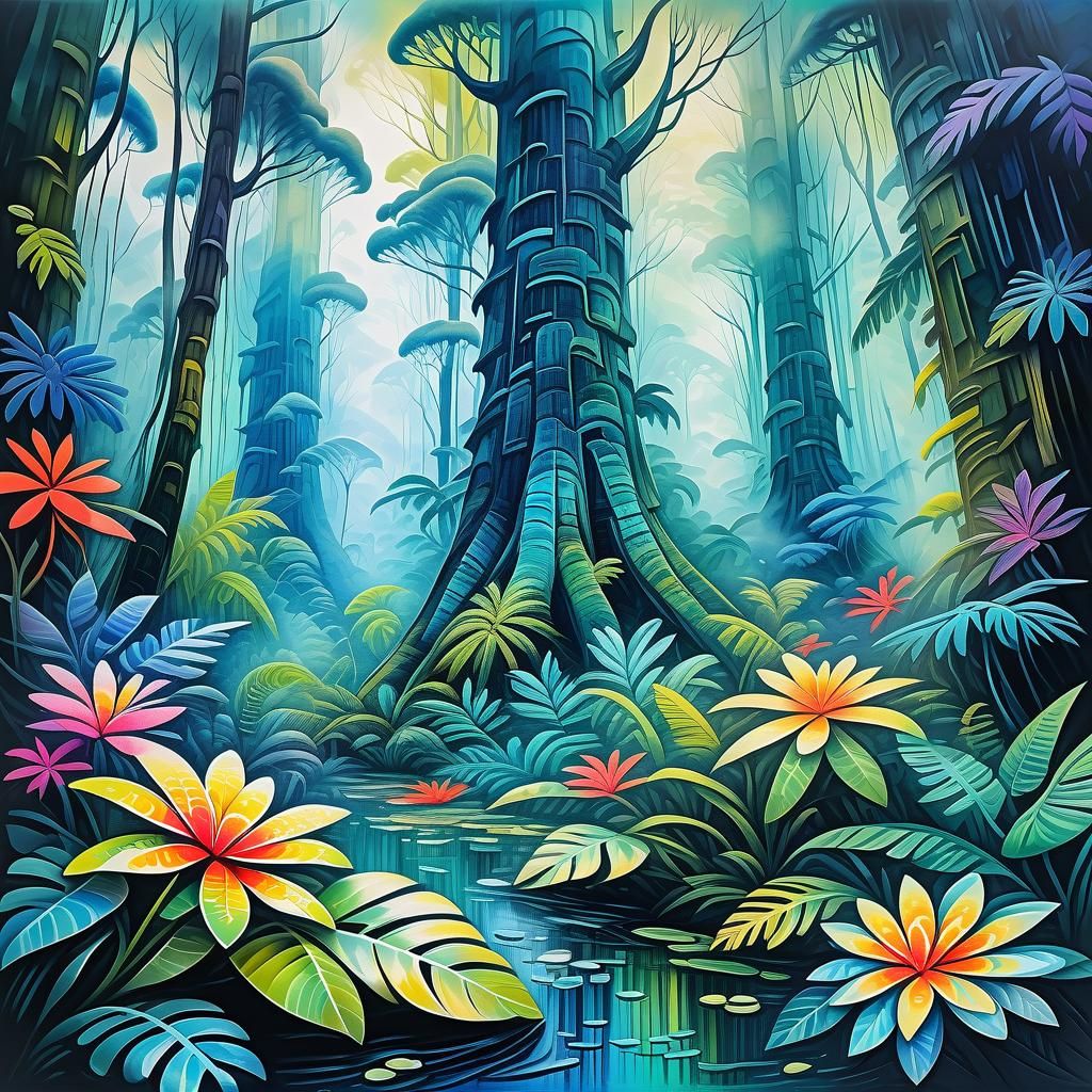 Lush Rainforest in Impressionist Gouache Style