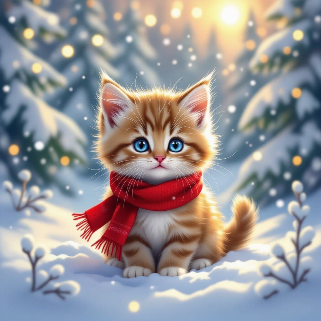 Fluffy Kitten in Whimsical Winter Wonderland with Fairy Ligh...