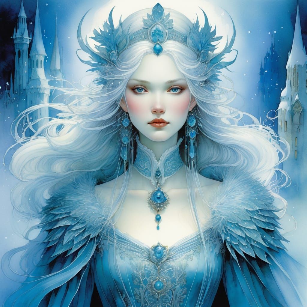 Intricate Ice Princess Portrait in Vibrant Watercolour Ink S...