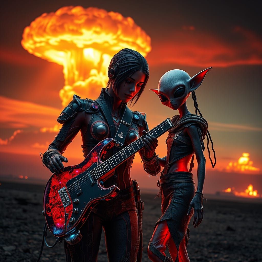 Cyberpunk Warrior Woman and Alien Girl in Post-Apocalyptic L...