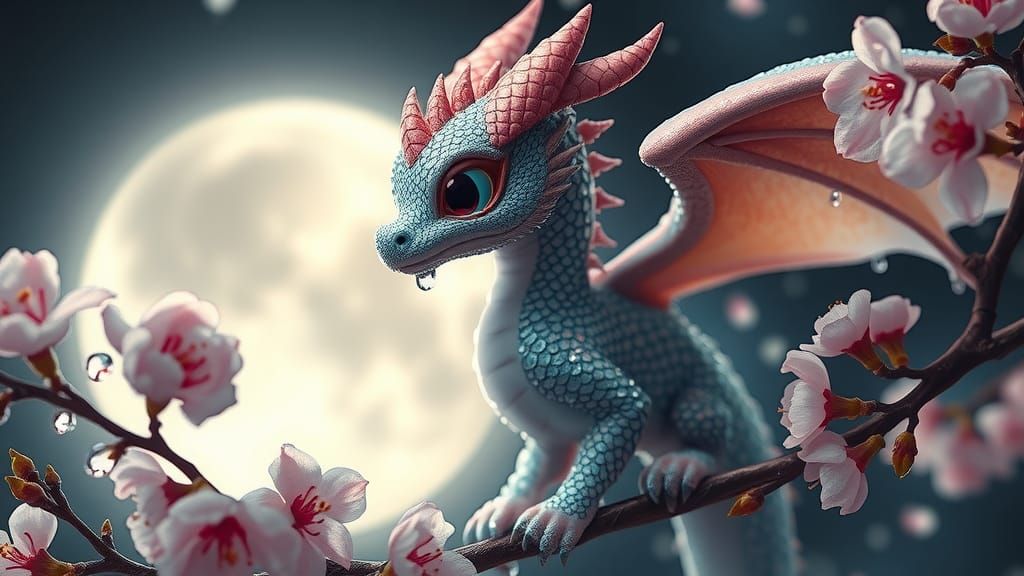 Fluffy Dragon Perched on Cherry Blossoms