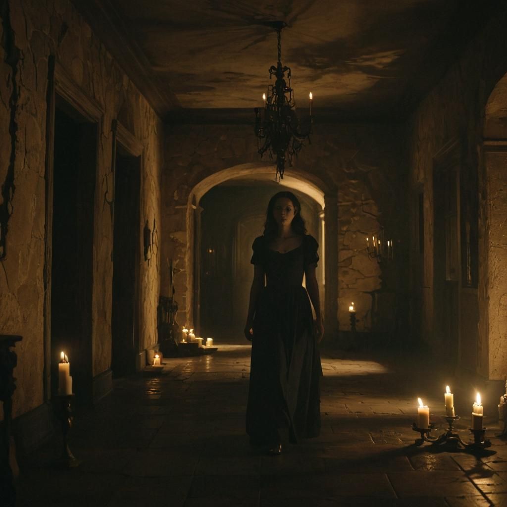 Spooky Mansion: Woman and Apparition in Cinematic Lighting