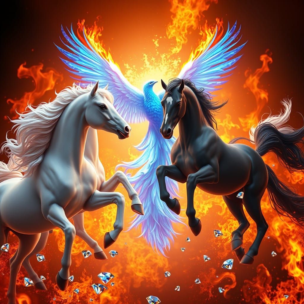 Majestic Horses and Phoenix in Inferno of Light