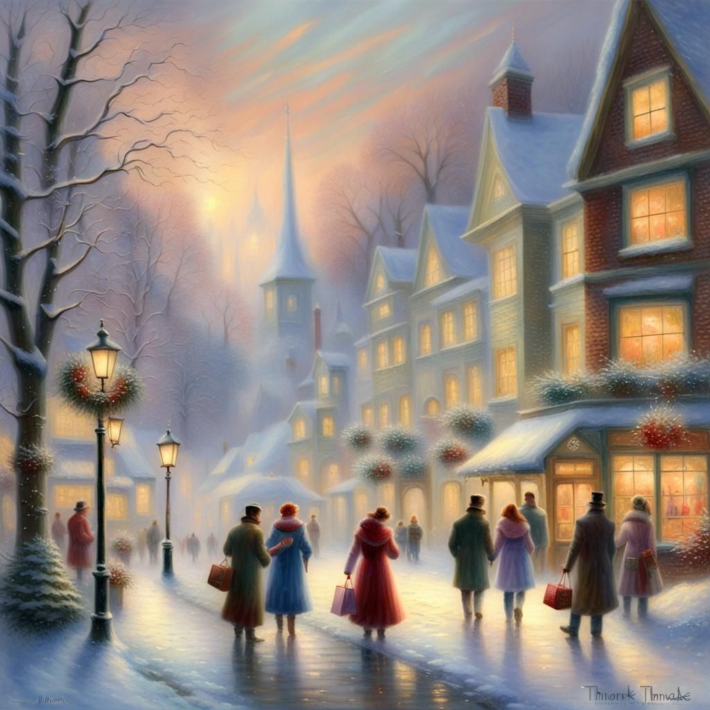 Ethereal Christmas Shopping Scene in Kinkade Style
