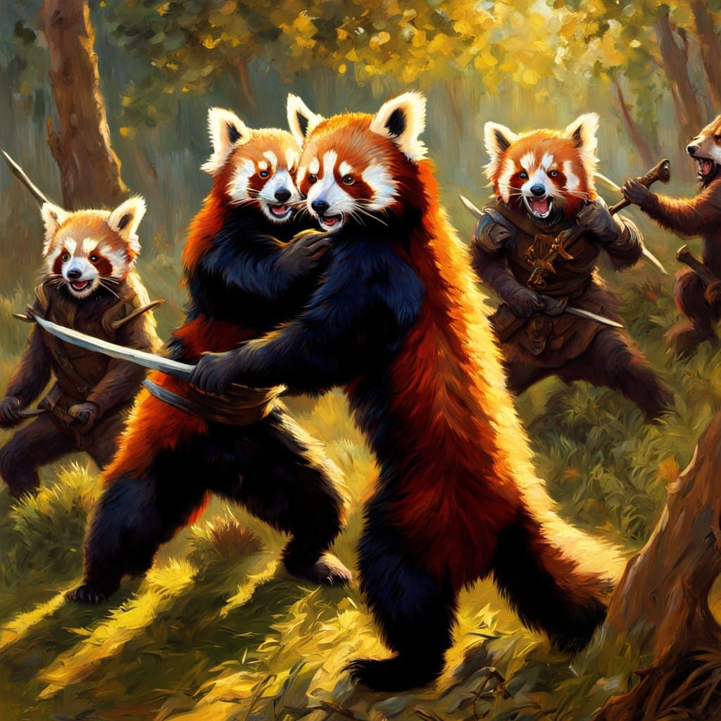 Red Pandas Battle Invaders in Golden Hour Oil Painting