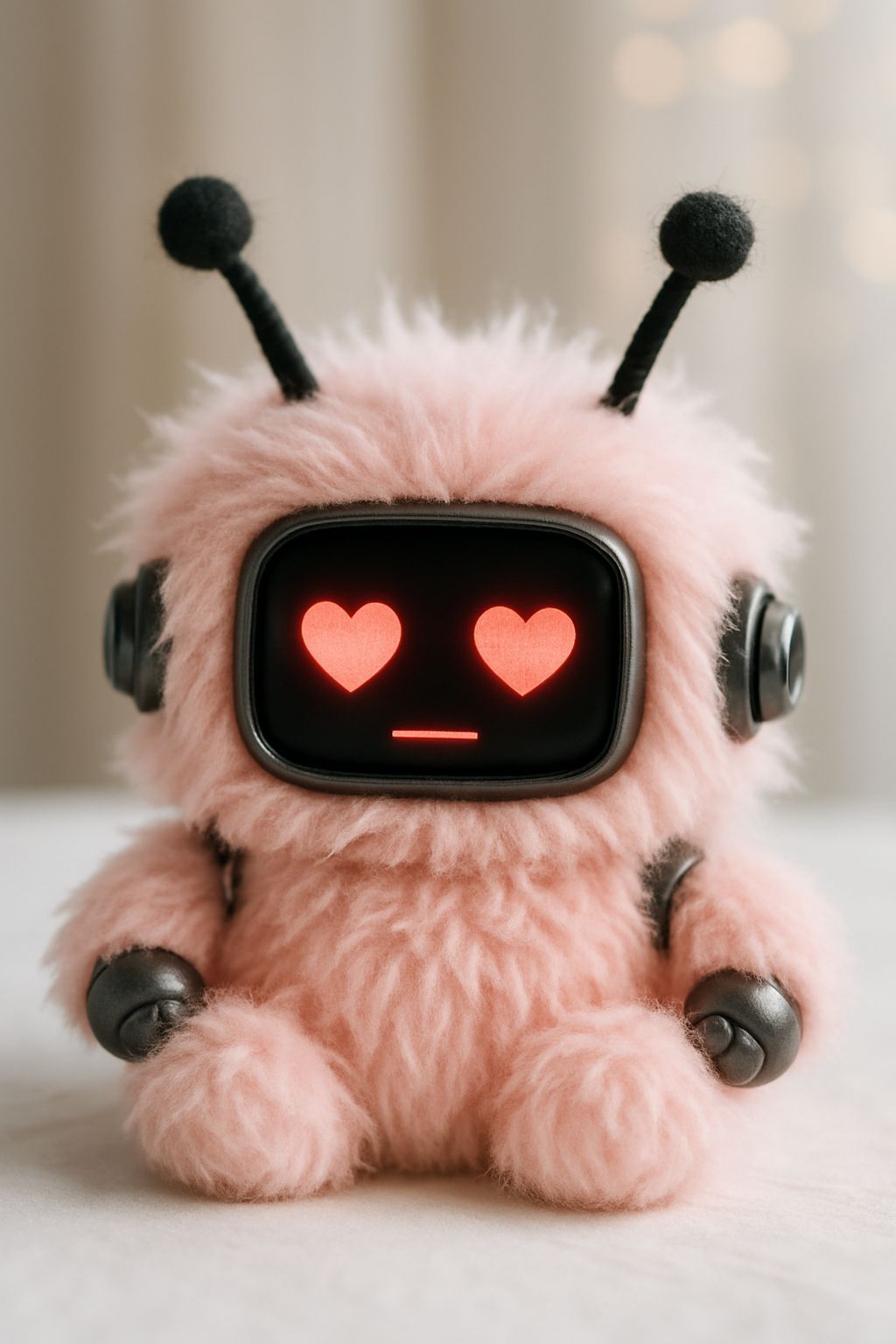 Cute Electronic Plushie Robot with Pink Fur and Heart Eyes