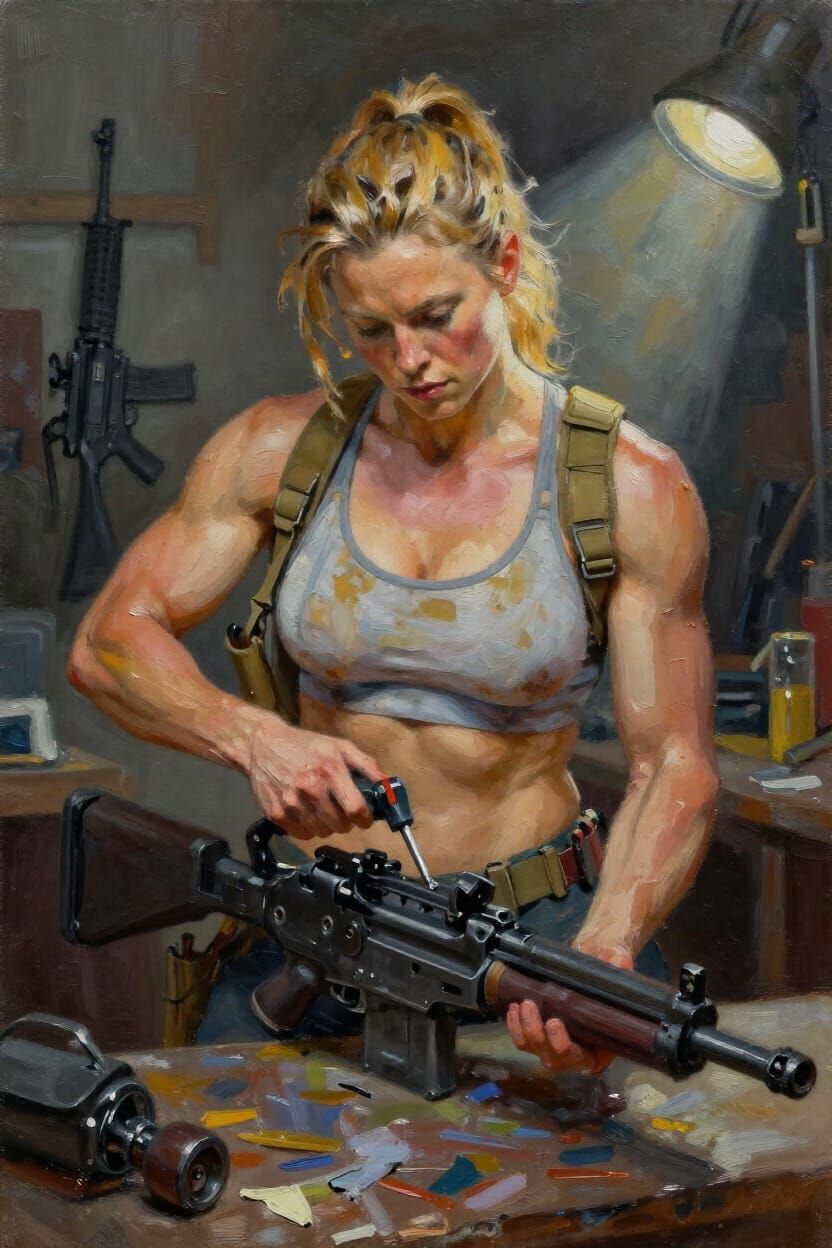 Northern Woman Assembling Machine Gun as Impasto Painting