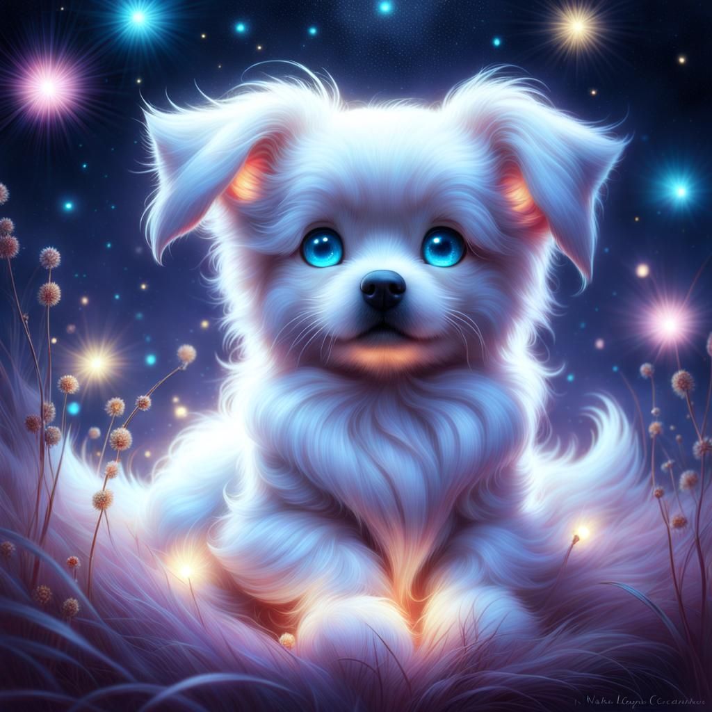 Dog with Fiery Hair and Bioluminescent Glow