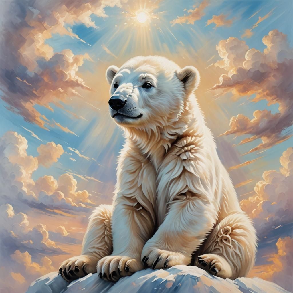 Baby Polar Bear in Cloudy Heaven, Oil Painting