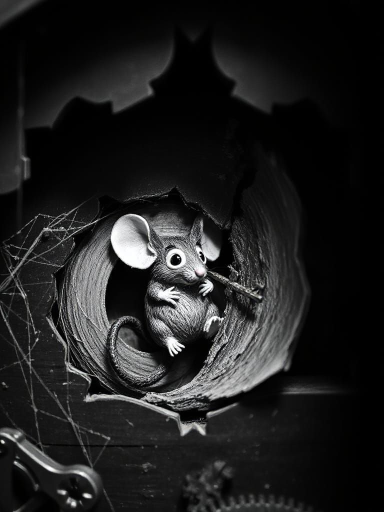 Mouse in Cuckoo Clock, Gothic Stop-Motion Style