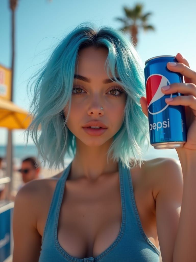Attractive Pepsi Promoter with Blue Hair on Beach