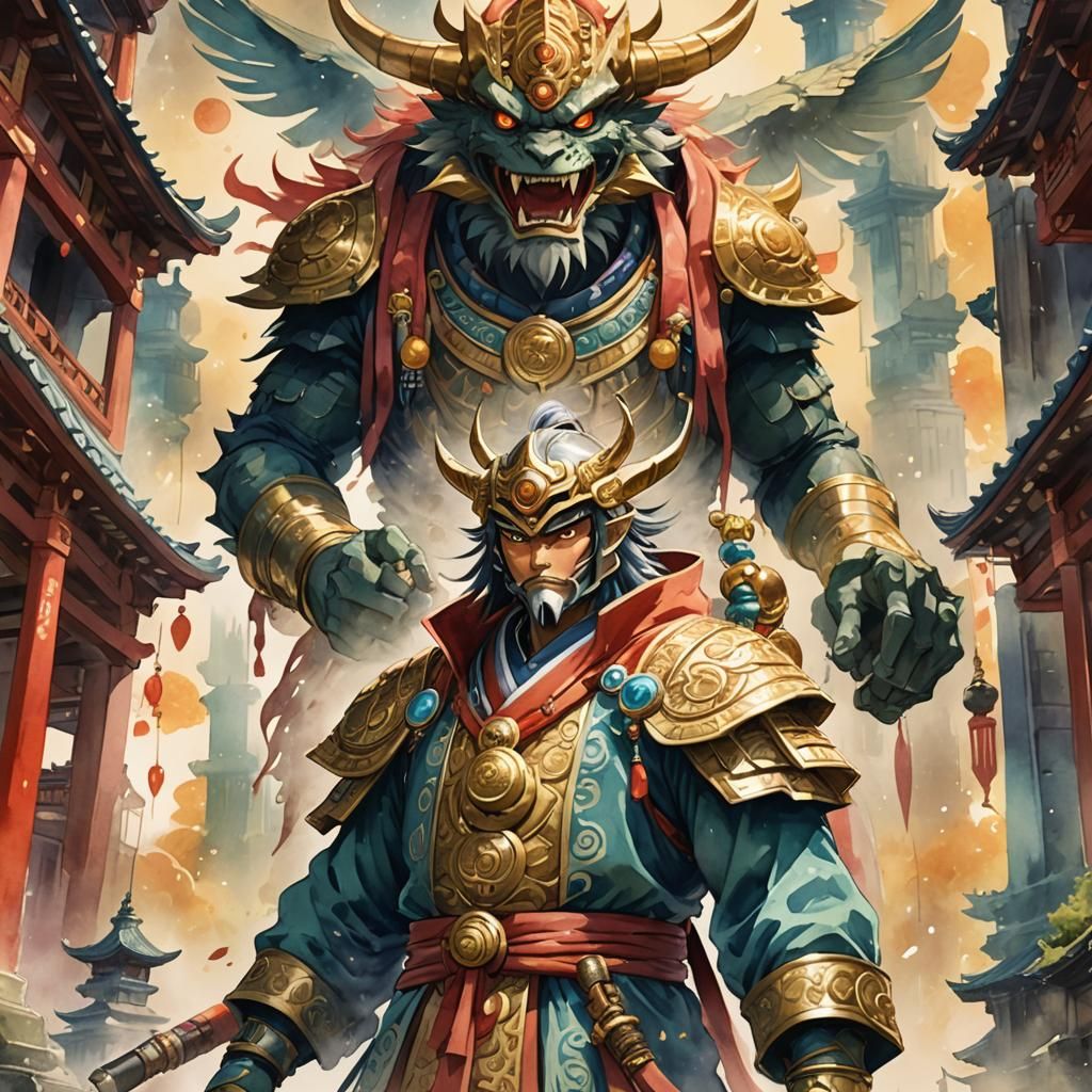 Whimsical Anime Démon Fighter in Vibrant Watercolor Temple