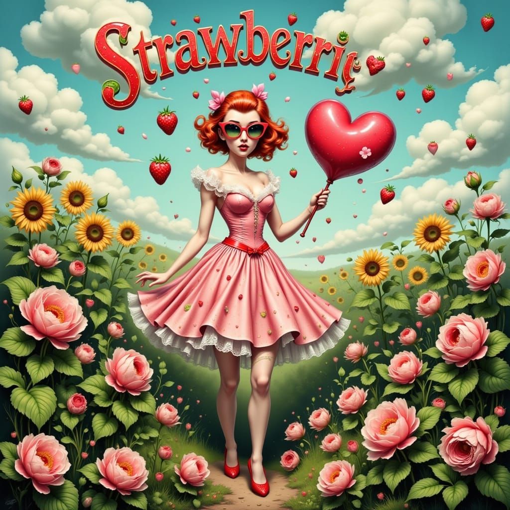 Gothic Whimsy Pinup Girl in Strawberry Patch