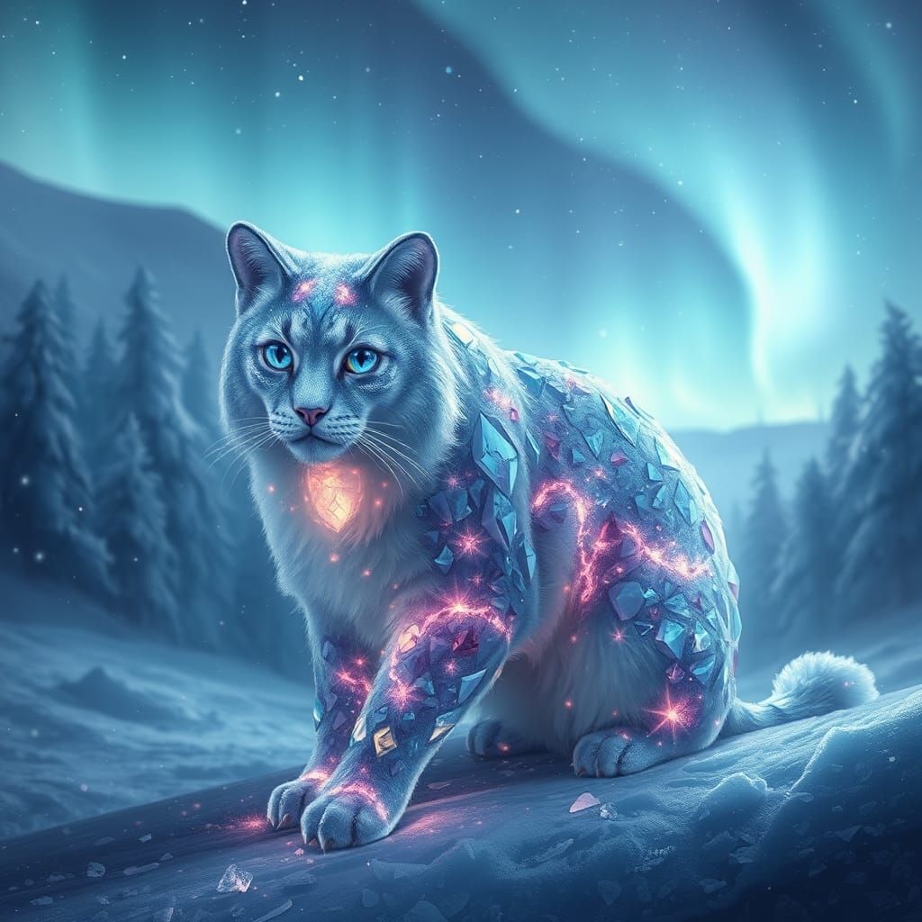 Crystalline Ice Cat in Mystical Landscape
